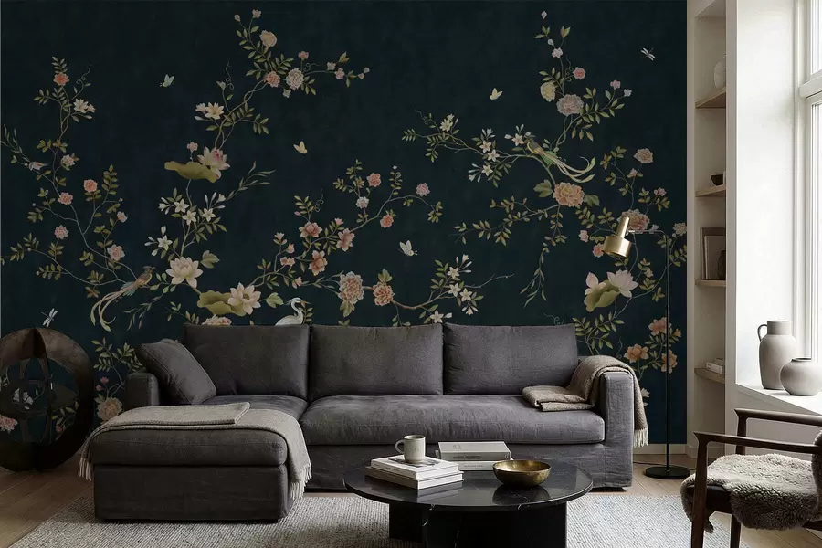 wall murals Flowering branches with birds on dark background w05416v3