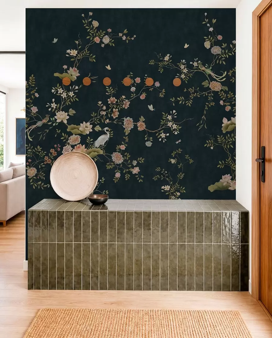 wall murals Flowering branches with birds on dark background w05416v3