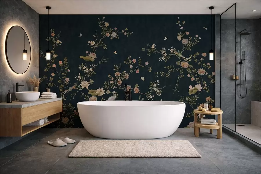 wall murals Flowering branches with birds on dark background w05416v3