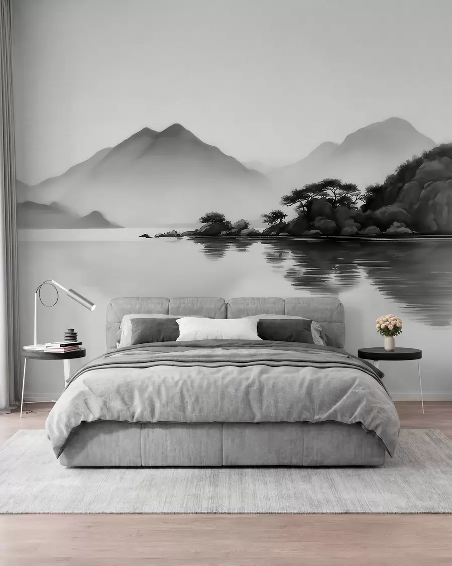 wall murals Black and white landscape with mountains and lake in soft mist w09803