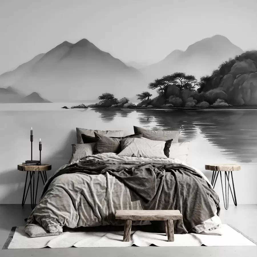 wall murals Black and white landscape with mountains and lake in soft mist w09803