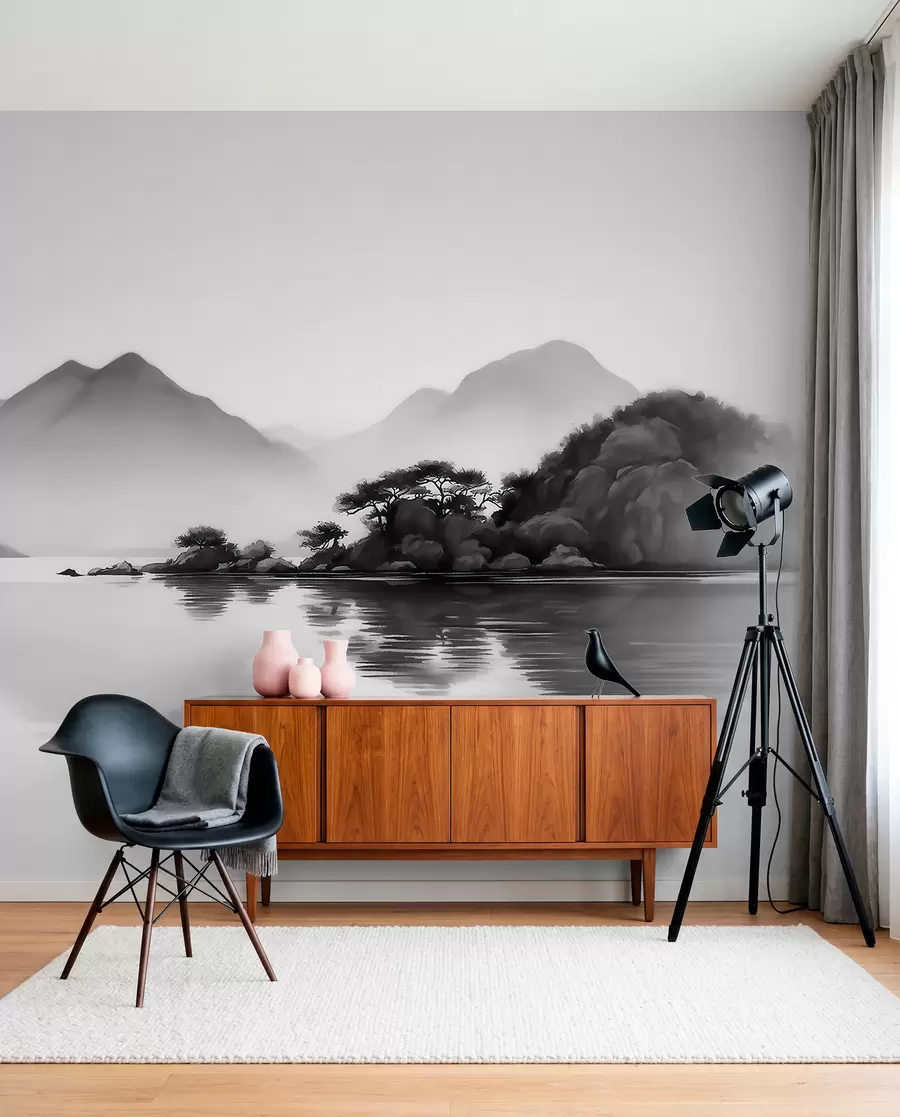 wall murals Black and white landscape with mountains and lake in soft mist w09803