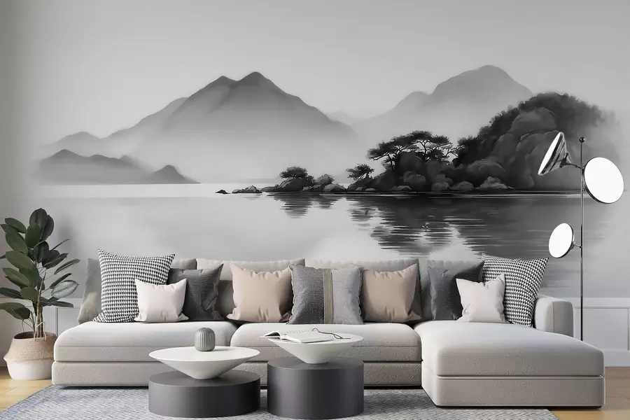 wall murals Black and white landscape with mountains and lake in soft mist w09803