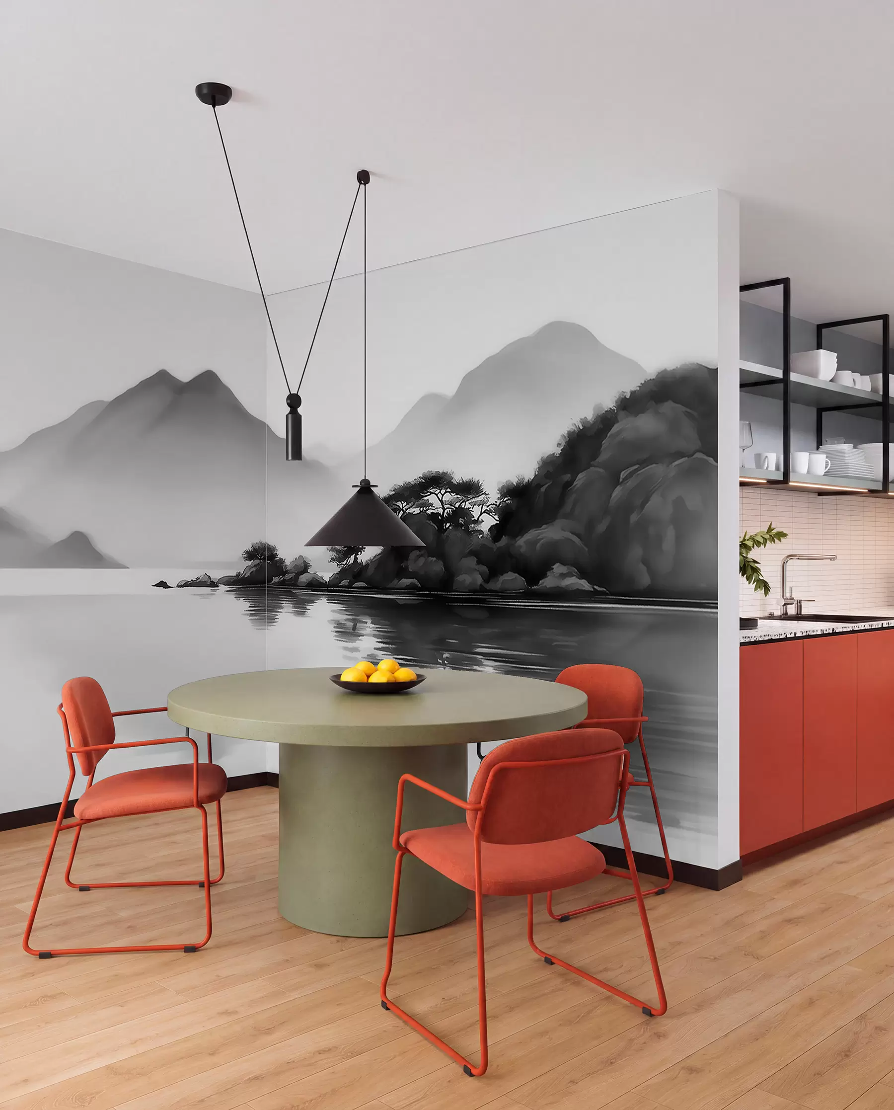 wall murals Black and white landscape with mountains and lake in soft mist w09803