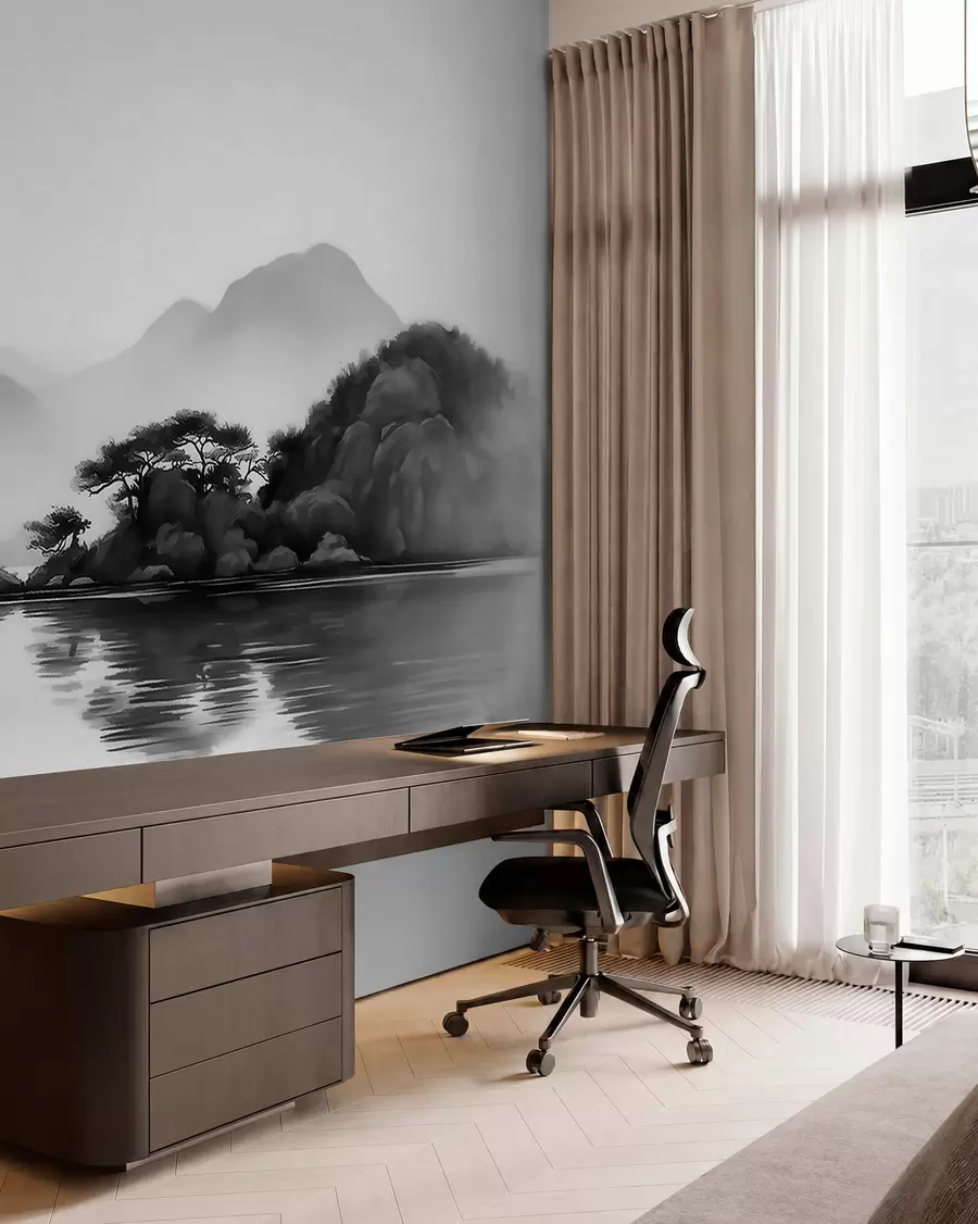 wall murals Black and white landscape with mountains and lake in soft mist w09803