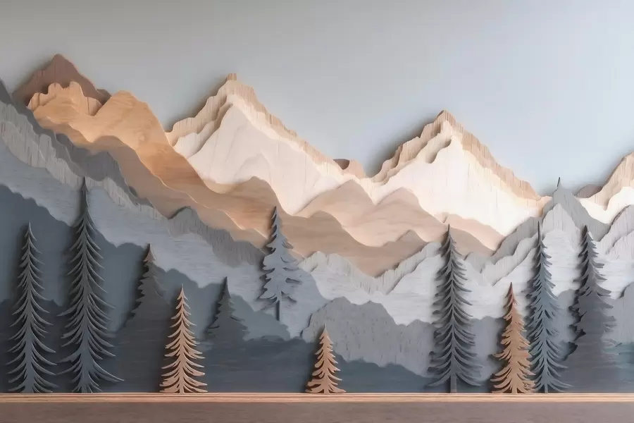 wall murals Natural landscape with pine trees and mountains in carved wood style w09793