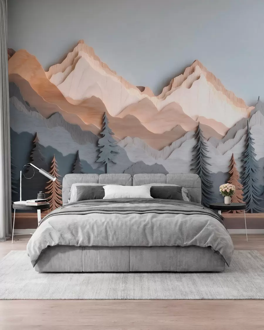 wall murals Natural landscape with pine trees and mountains in carved wood style w09793