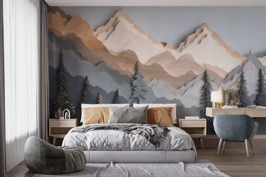 wall murals Natural landscape with pine trees and mountains in carved wood style w09793