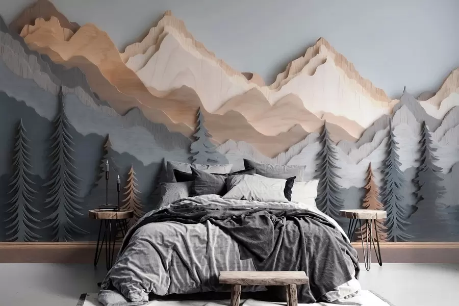 wall murals Natural landscape with pine trees and mountains in carved wood style w09793