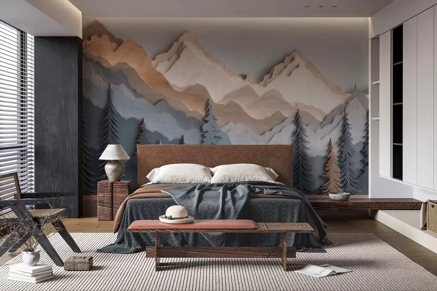 wall murals Natural landscape with pine trees and mountains in carved wood style w09793