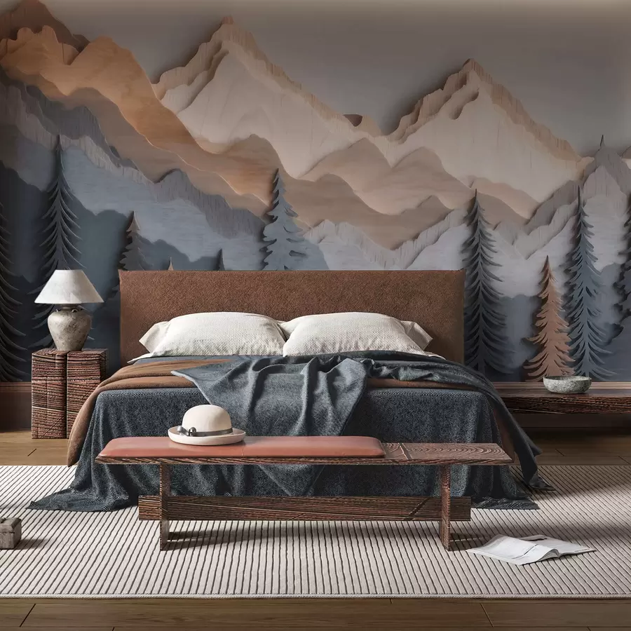 wall murals Natural landscape with pine trees and mountains in carved wood style w09793