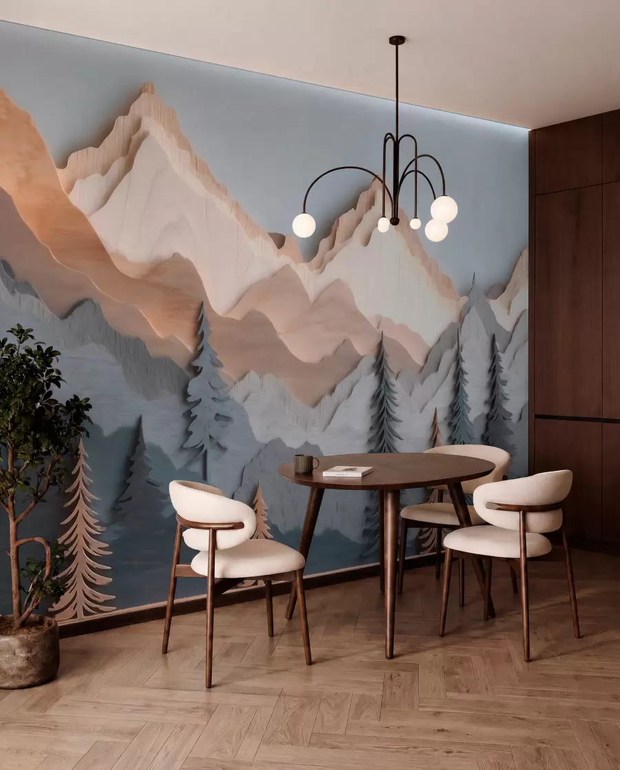 wall murals Natural landscape with pine trees and mountains in carved wood style w09793