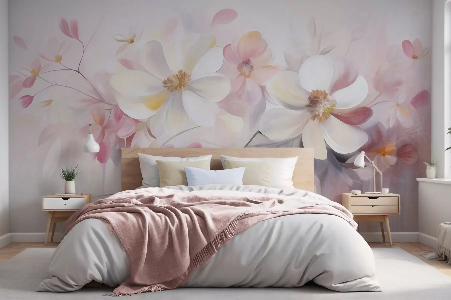 wall murals White and pink flowers with delicate petals textured art, abstract, soft background w09811