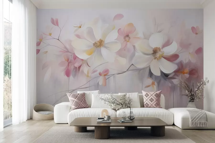wall murals White and pink flowers with delicate petals textured art, abstract, soft background w09811