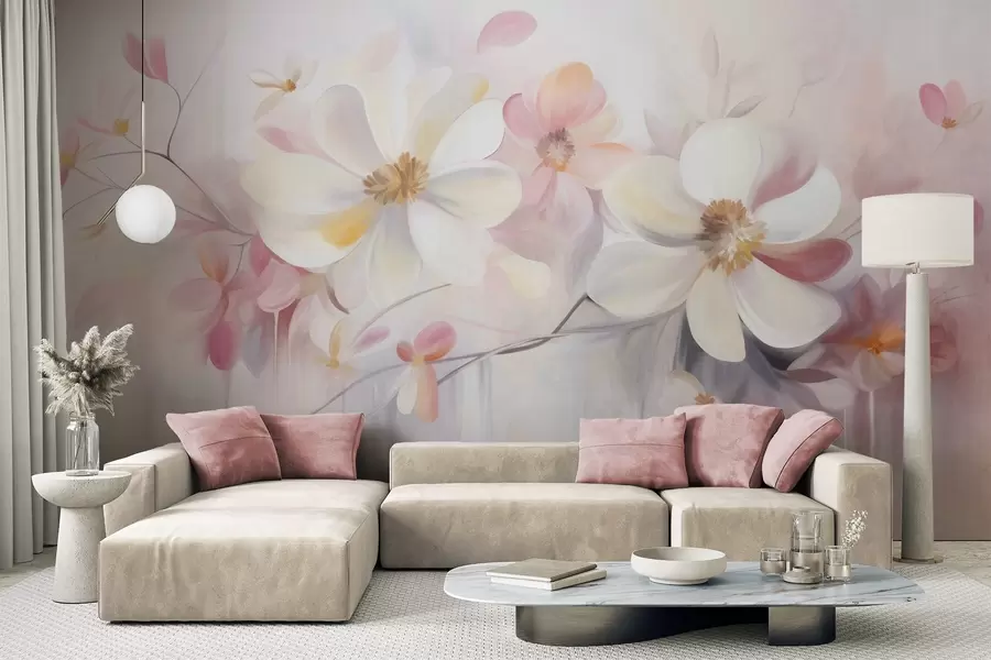 wall murals White and pink flowers with delicate petals textured art, abstract, soft background w09811