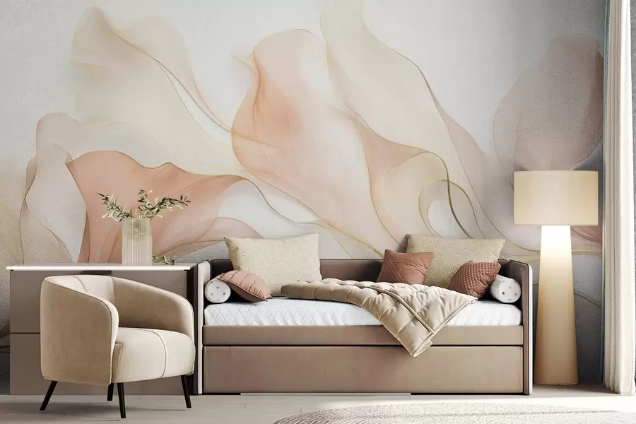 wall murals Abstract flowing texture in shades of peach and cream with delicate lines w09815