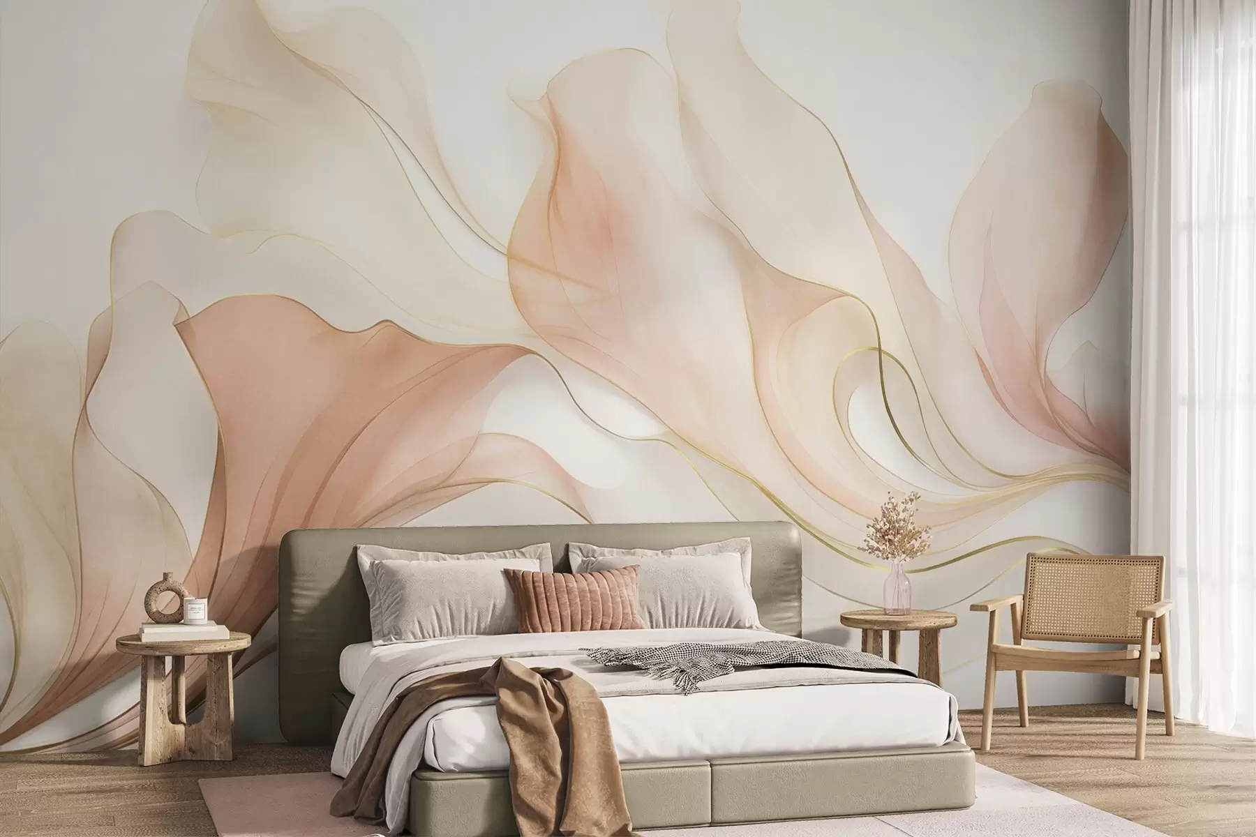 wall murals Abstract flowing texture in shades of peach and cream with delicate lines w09815