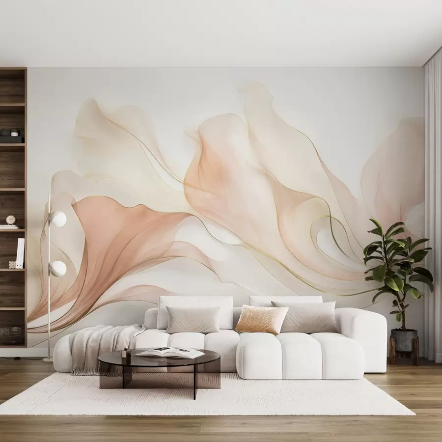 wall murals Abstract flowing texture in shades of peach and cream with delicate lines w09815