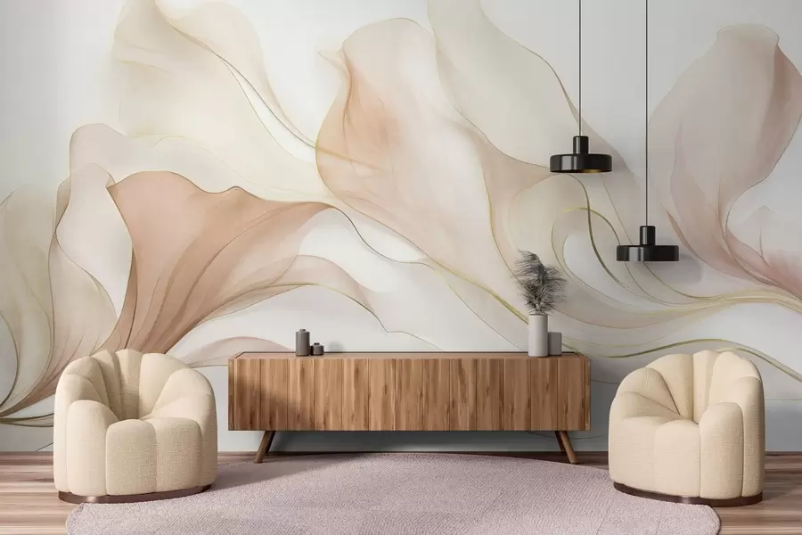 wall murals Abstract flowing texture in shades of peach and cream with delicate lines w09815