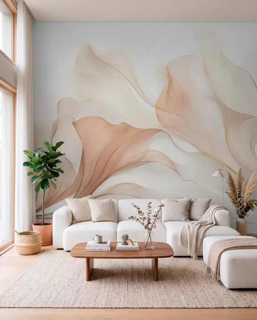 wall murals Abstract flowing texture in shades of peach and cream with delicate lines w09815