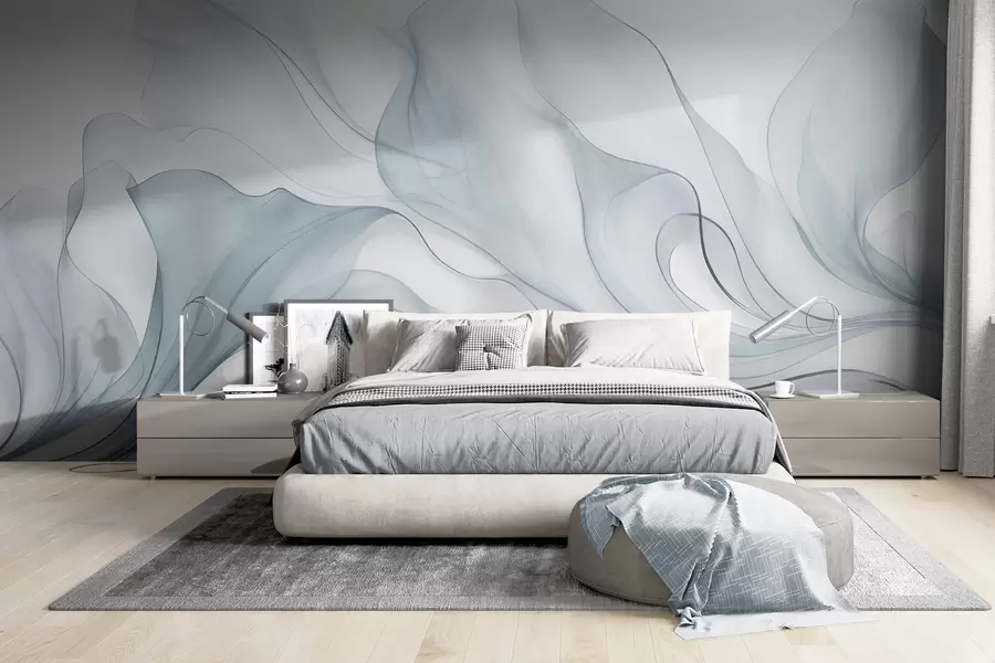 wall murals Abstract flowing texture in shades of blue with delicate lines w09815v1