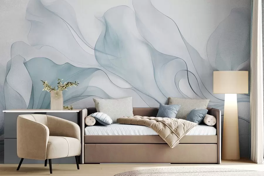 wall murals Abstract flowing texture in shades of blue with delicate lines w09815v1