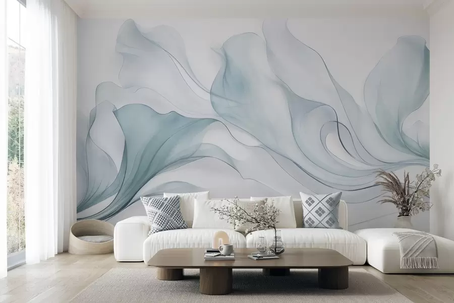 wall murals Abstract flowing texture in shades of blue with delicate lines w09815v1