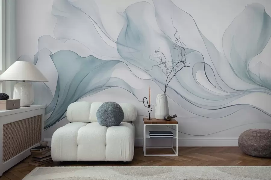 wall murals Abstract flowing texture in shades of blue with delicate lines w09815v1