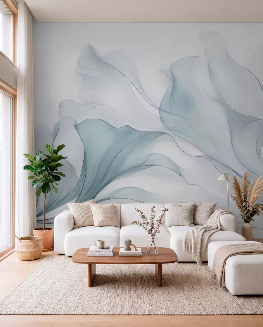 wall murals Abstract flowing texture in shades of blue with delicate lines w09815v1