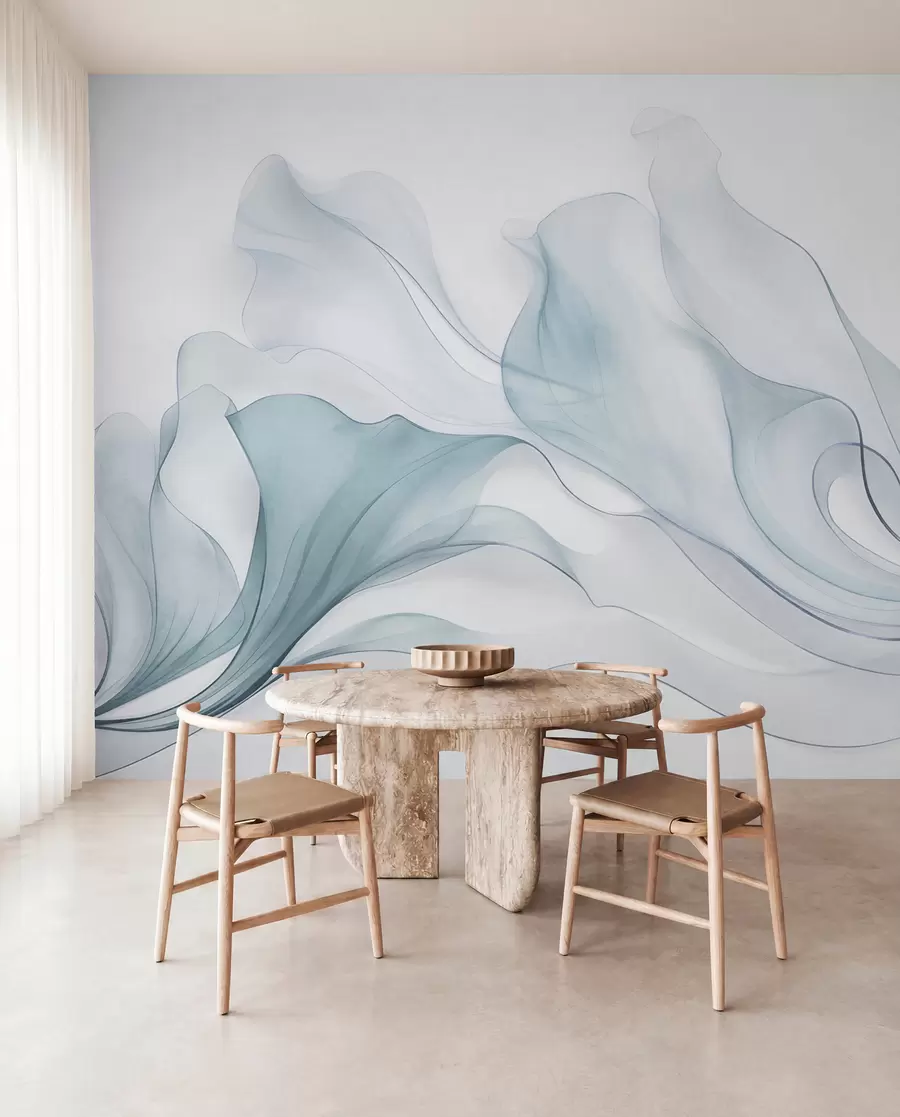 wall murals Abstract flowing texture in shades of blue with delicate lines w09815v1