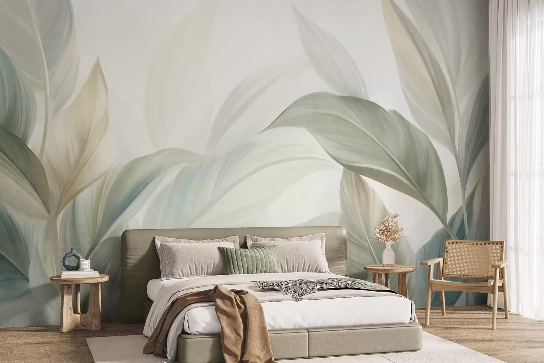 wall murals Large, pale green tropical leaves with soft, pastel colors, textured art w09816