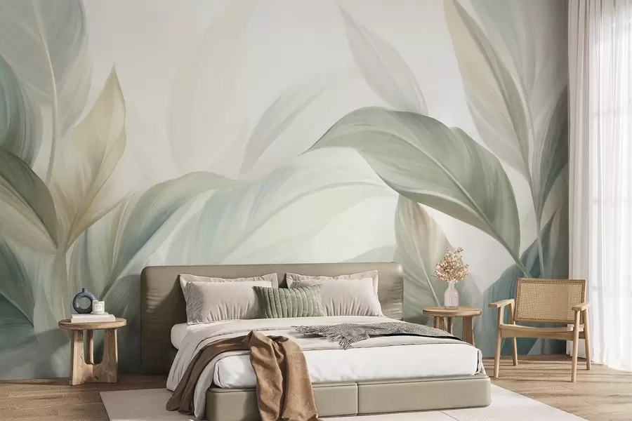 wall murals Large, pale green tropical leaves with soft, pastel colors, textured art w09816