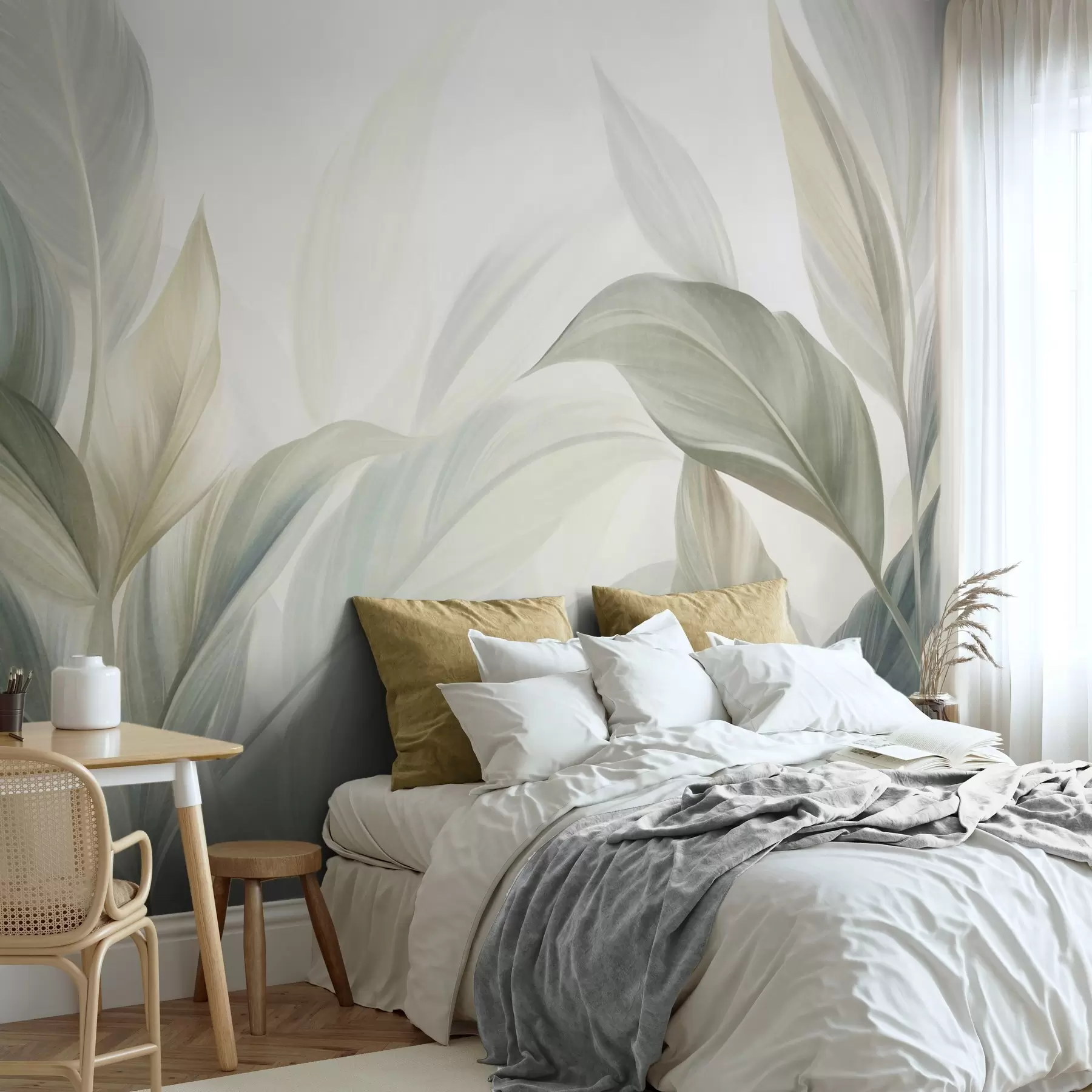 wall murals Large, pale green tropical leaves with soft, pastel colors, textured art w09816