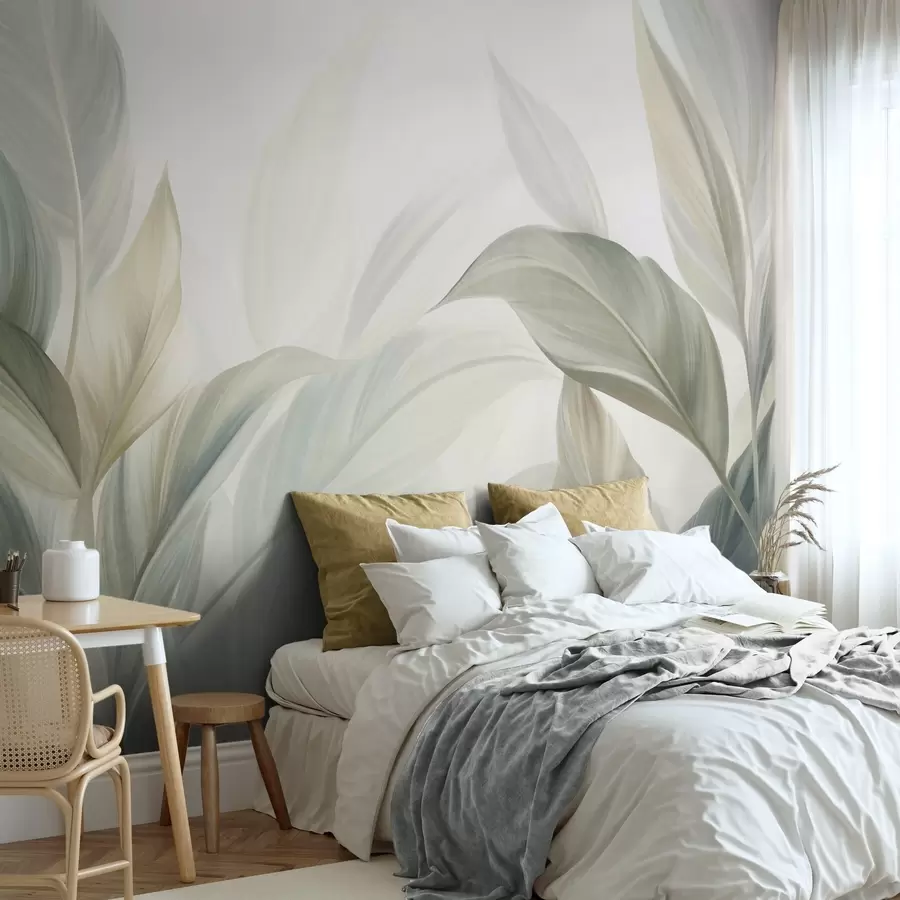 wall murals Large, pale green tropical leaves with soft, pastel colors, textured art w09816