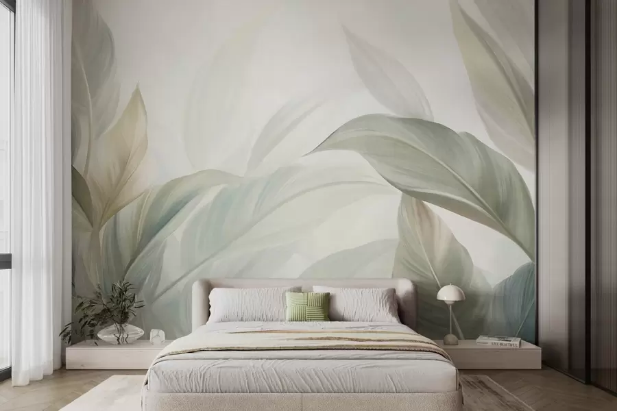 wall murals Large, pale green tropical leaves with soft, pastel colors, textured art w09816