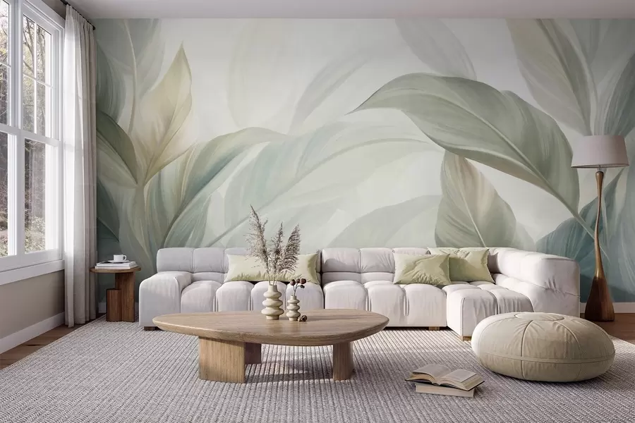 wall murals Large, pale green tropical leaves with soft, pastel colors, textured art w09816