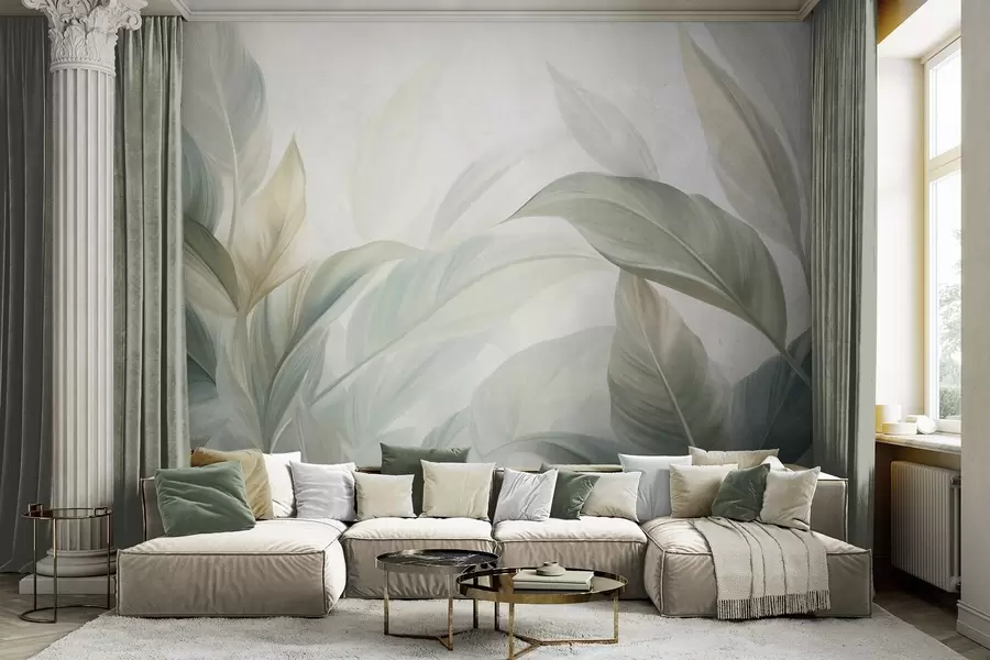wall murals Large, pale green tropical leaves with soft, pastel colors, textured art w09816