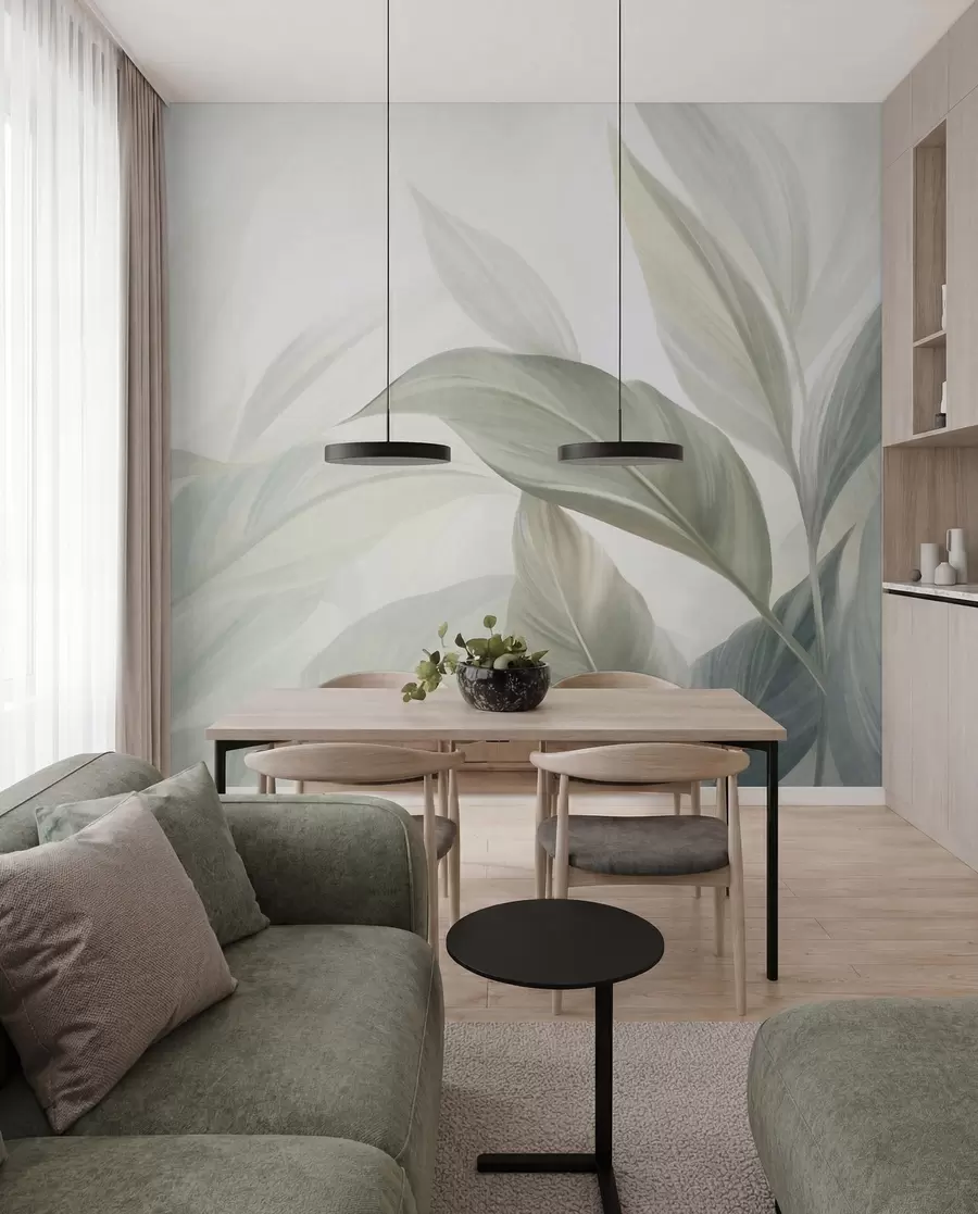 wall murals Large, pale green tropical leaves with soft, pastel colors, textured art w09816