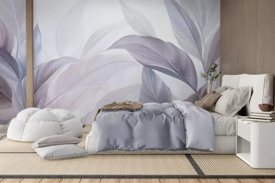 wall murals Large, pale blue and violet tropical leaves with soft, pastel colors, textured art w09816v1