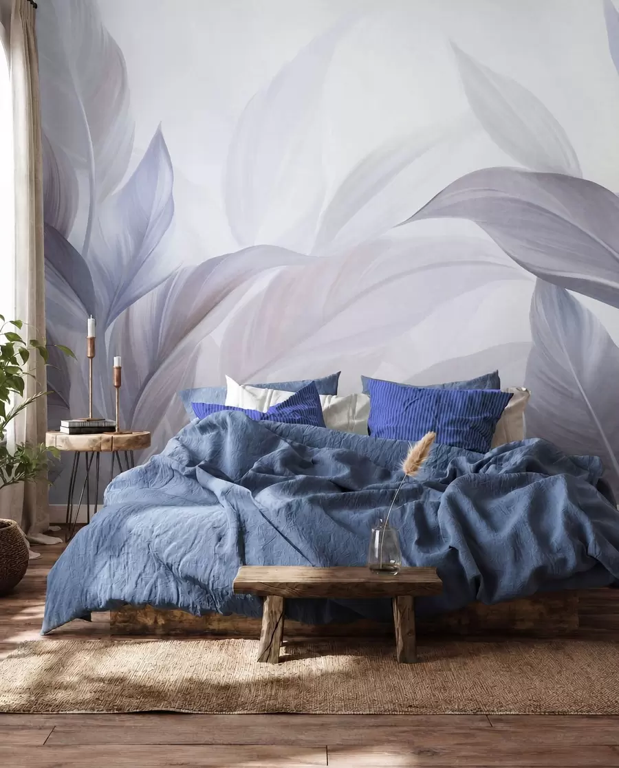 wall murals Large, pale blue and violet tropical leaves with soft, pastel colors, textured art w09816v1