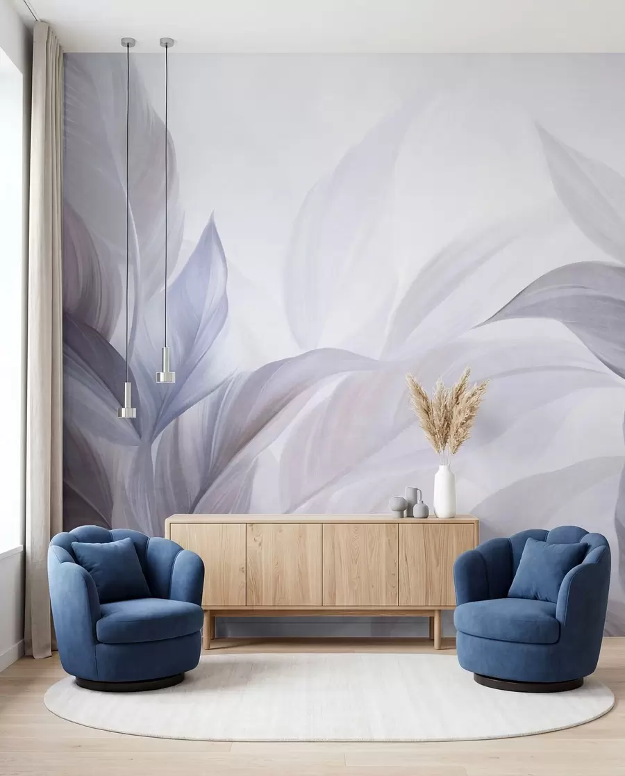 wall murals Large, pale blue and violet tropical leaves with soft, pastel colors, textured art w09816v1