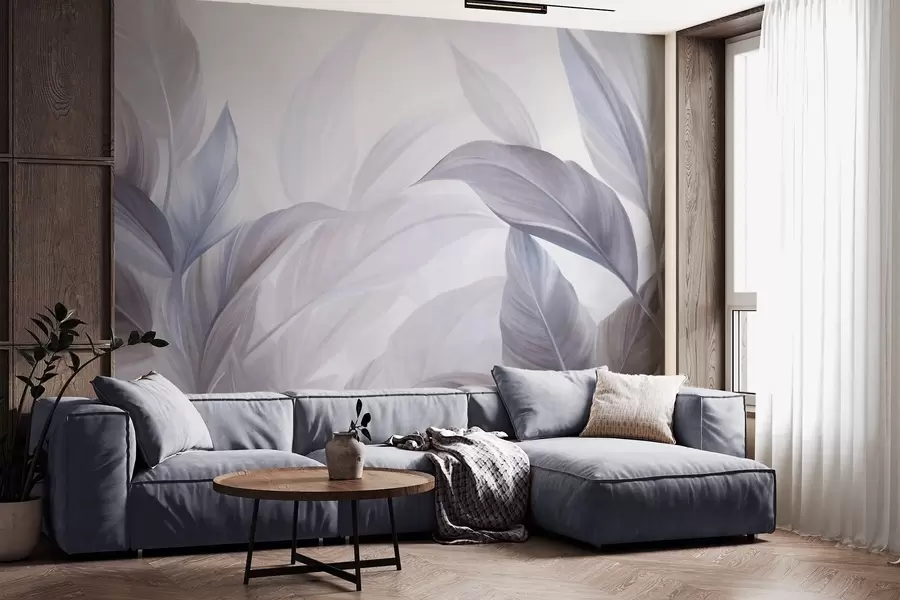 wall murals Large, pale blue and violet tropical leaves with soft, pastel colors, textured art w09816v1