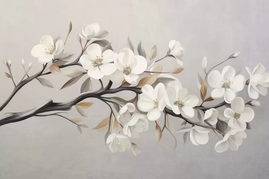 wall murals Textured branch with white flowers and brown leaves against a light gray background w09817