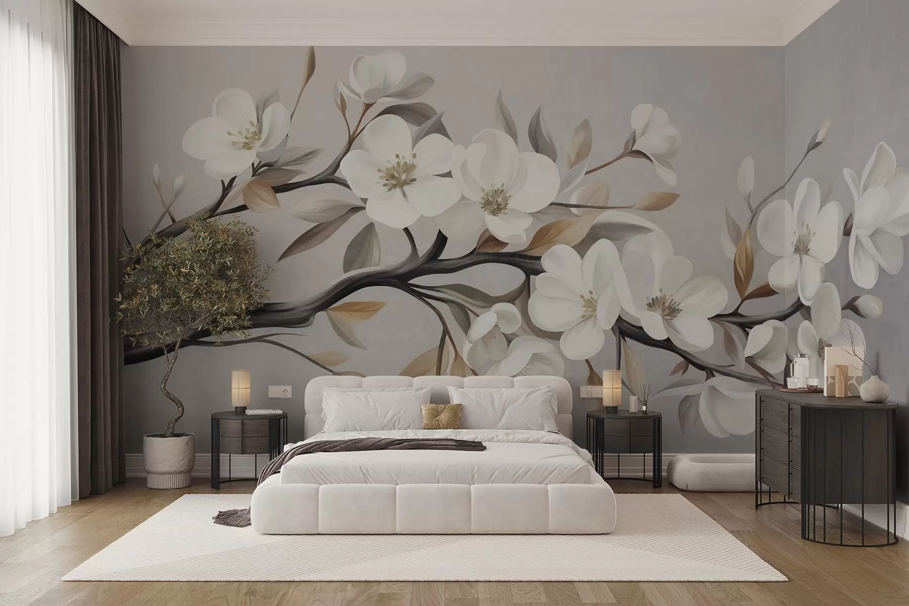 wall murals Textured branch with white flowers and brown leaves against a light gray background w09817