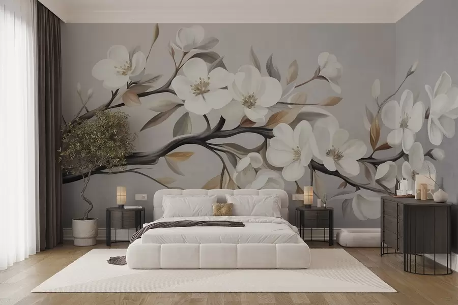 wall murals Textured branch with white flowers and brown leaves against a light gray background w09817