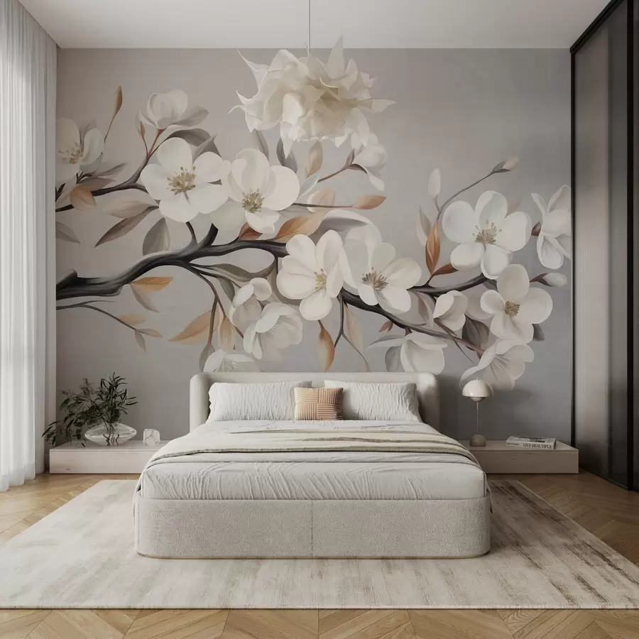 wall murals Textured branch with white flowers and brown leaves against a light gray background w09817