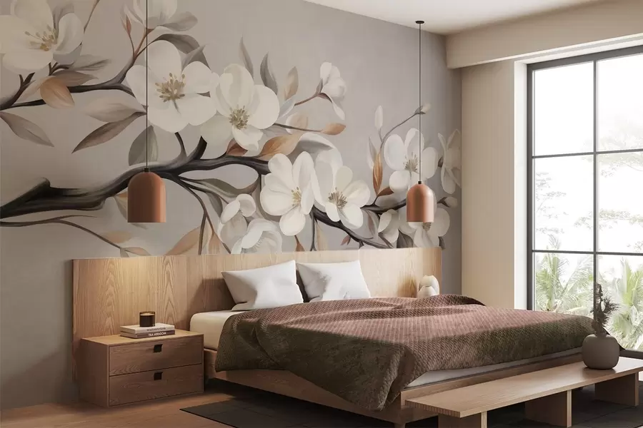 wall murals Textured branch with white flowers and brown leaves against a light gray background w09817