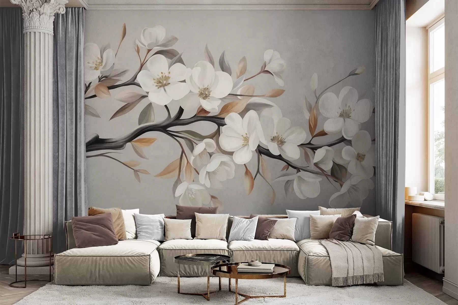wall murals Textured branch with white flowers and brown leaves against a light gray background w09817