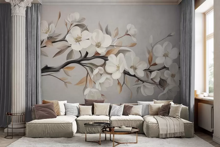 wall murals Textured branch with white flowers and brown leaves against a light gray background w09817