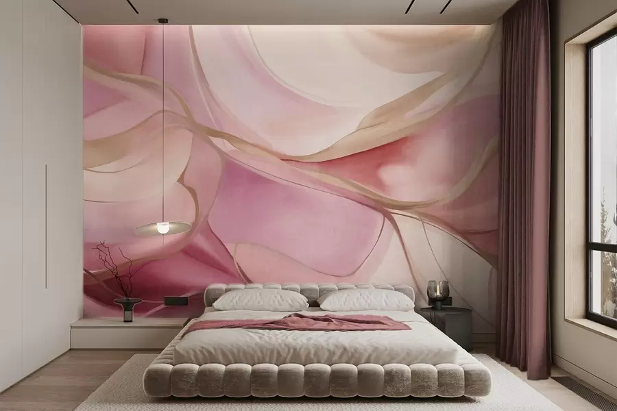 wall murals Abstract textured flowing shapes in shades of pink and beige with delicate yellow lines w09818